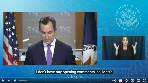 US Department of State Daily Press Briefings with PIP ASL interpreter and captions.